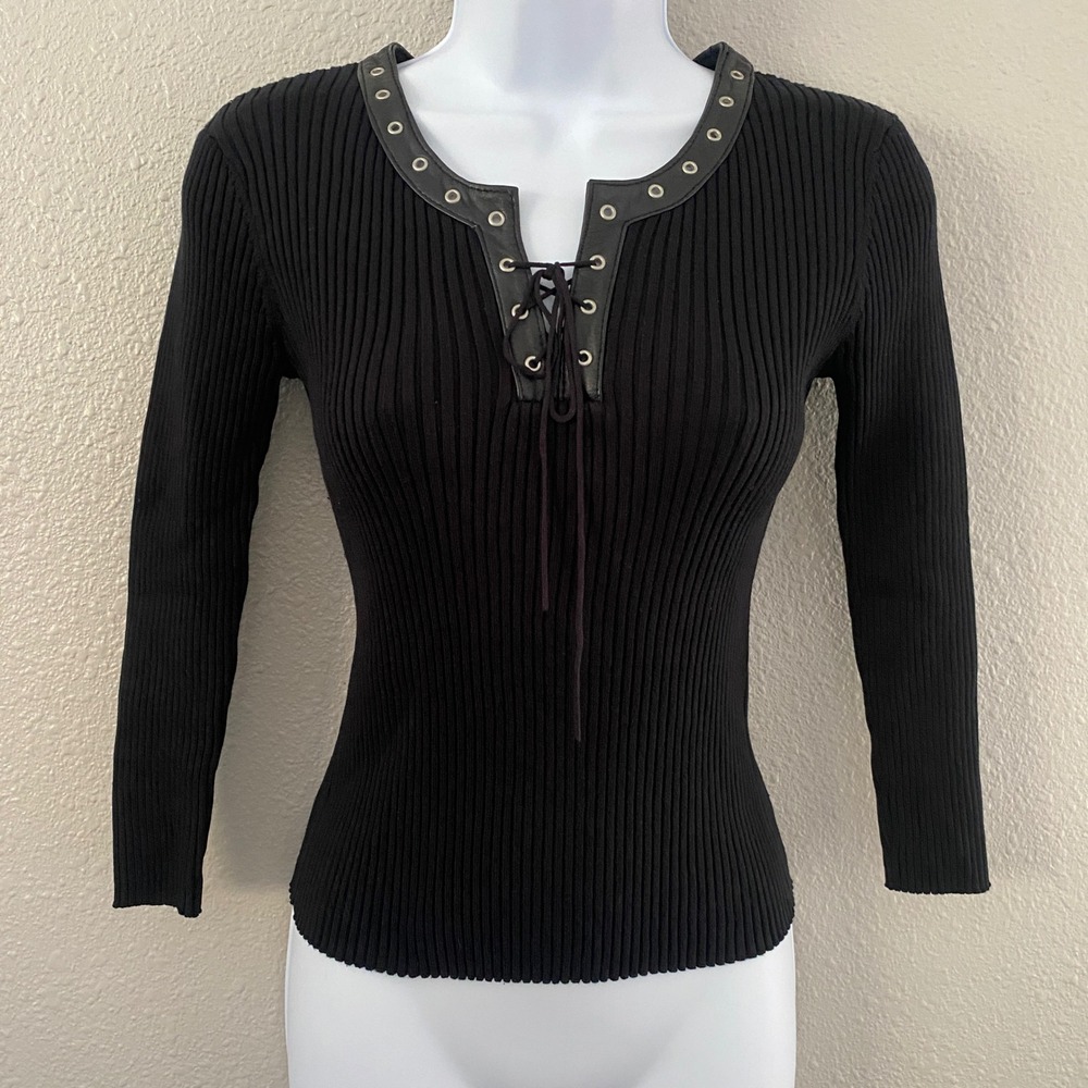 Y2K Black Top Medium Silk Blend Ribbed Vegan Leather Renaissance Faire Grunge